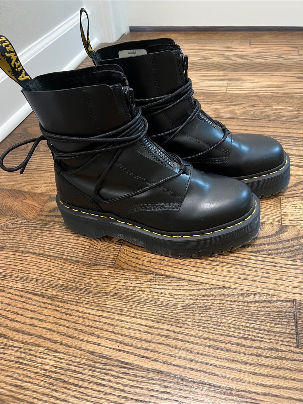 Dr. Martens Black Leather Platform Lace-Up Boots with Yellow Stitching